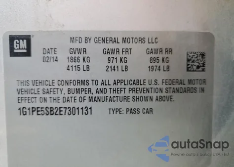 2014 Chevrolet Cruze Lt из США, поврежденный, VIN 1G1PE5SB2E7301131